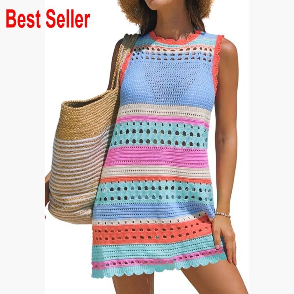 Crochet Mesh Swim Cover Up Dress Sleeveless Loose Fit Beach